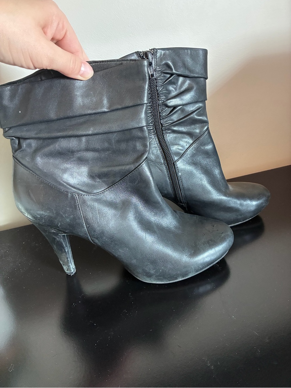 Worthington Black Faux Leather Fold-Over Cuff Ankle Booties with Side Zip